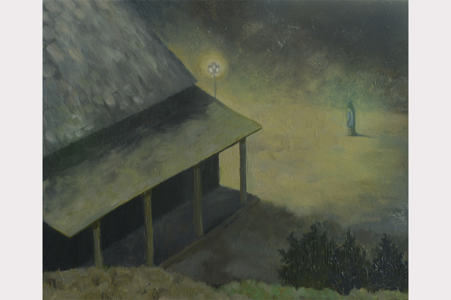 House and a girl in greenish dreamscape