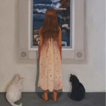 Young girl looking out a window to the sea, with a black and white cat standing beside her.